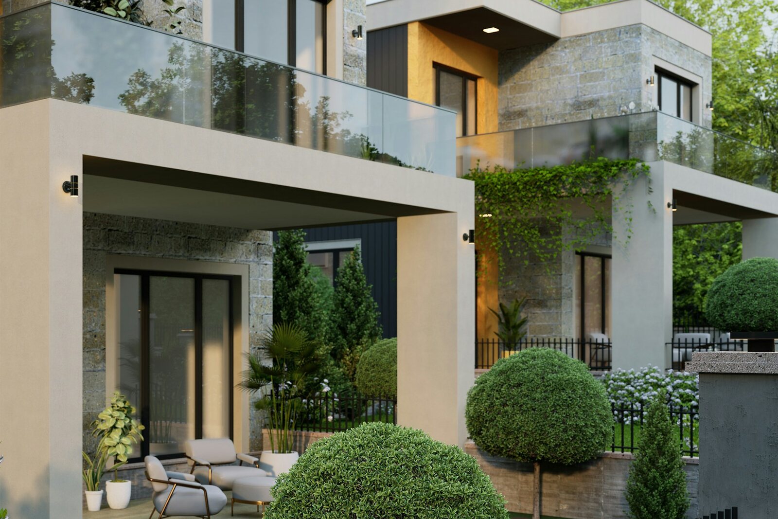A restored stucco townhouse